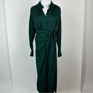 Zara Green Satin Button Front Shirt Dress Size XS